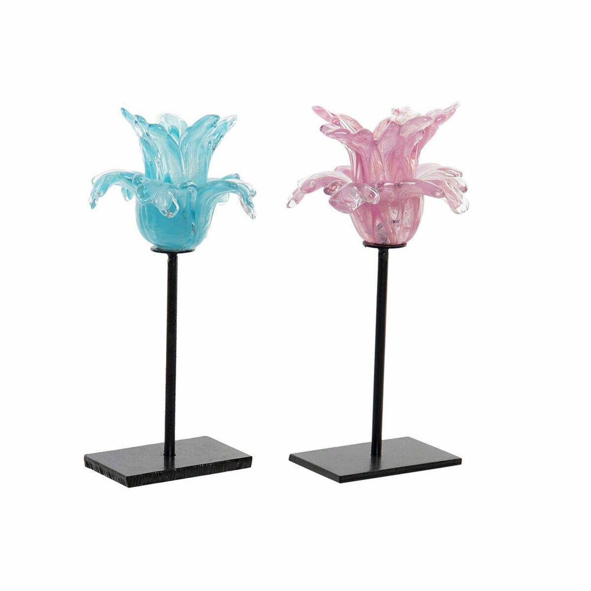 Suport de Lumânări DKD Home Decor Metal Geam Floare (12 x 12 x 24 cm) (2 pcs) DKD Home Decor